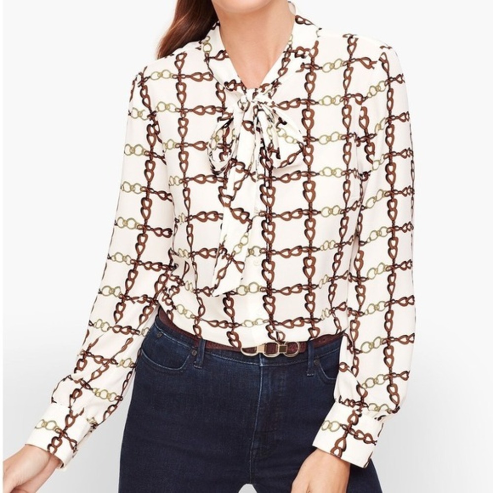 Talbots Crepe Tie Neck Blouse Size Large Ivory Brown Chainlink Print Classic